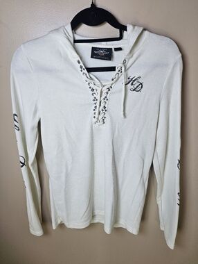 Harley Davidson Motorcycles Ivory Waffle Knit Hood Embellished Skull Shirt MED